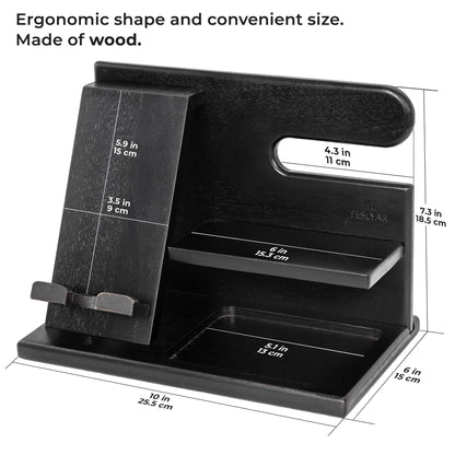 TESLYAR Wood Phone Docking Station for Men - Desktop or Nightstand Organizer - Birthday Gifts for Men, Dad - Anniversary Idea from Wife - Key Holder, Stand Wallet, Watch & Essentials (Granite Black)