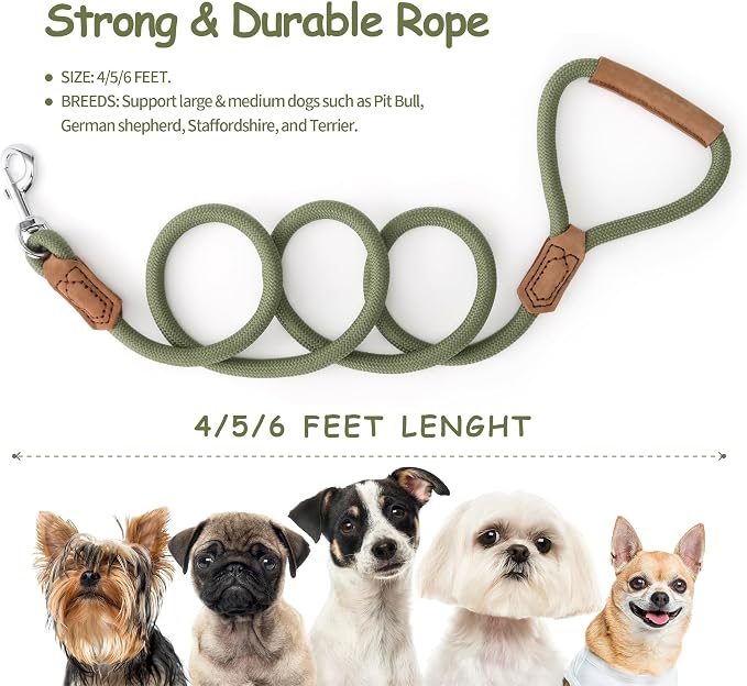 Mile High Life Leather Dog Leash, Heavy Duty Strong Genuine Leather Handle Rope Leash Soft and Comfortable for Small Medium Large Dogs (Olive Green, 48 Inch)