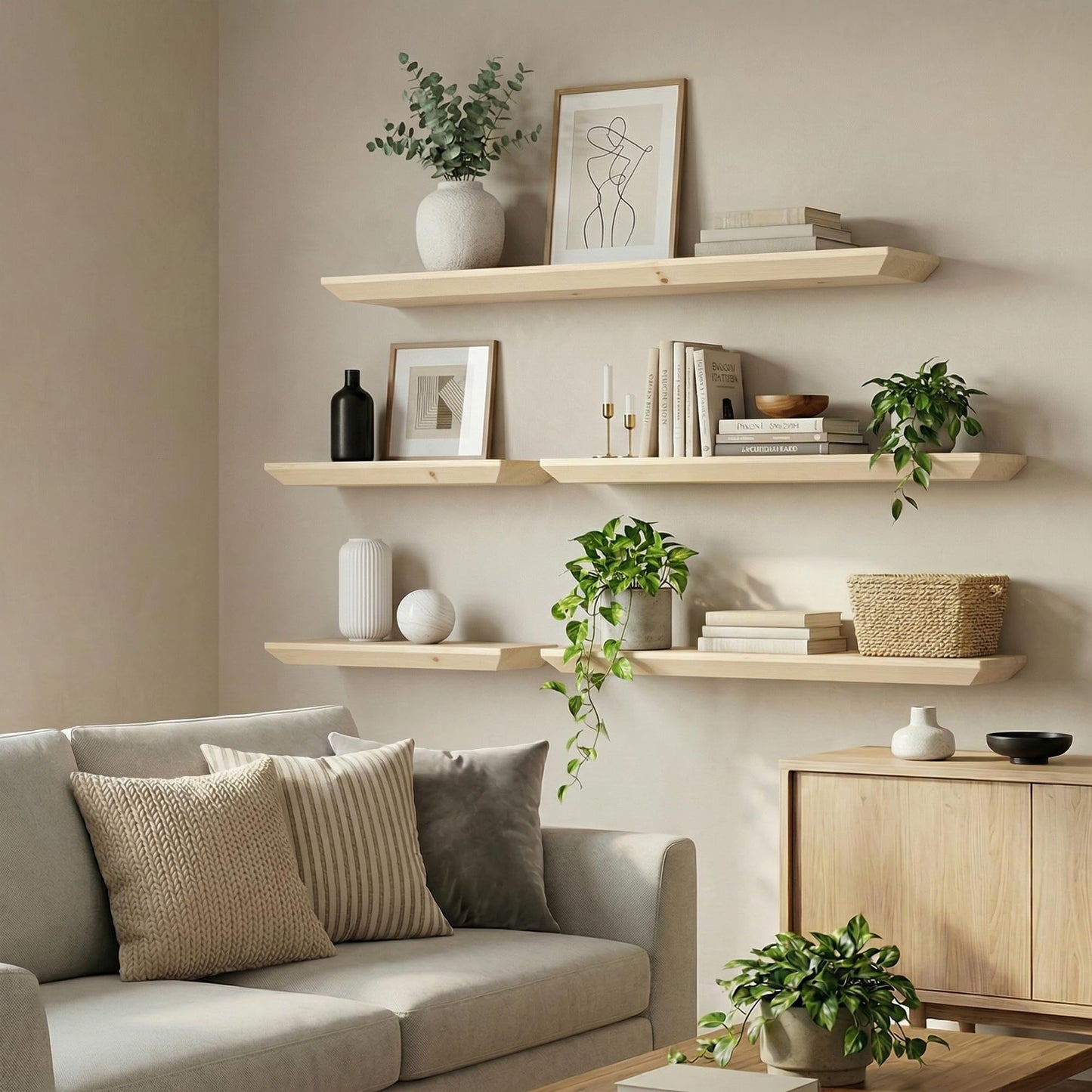 48 inch Floating Shelf for Wall, High End Solid Real Wood Shelf, Spruce Unfinished Wooden 24in Floating Shelves with Heavy Duty Bracket for Living Room Bedroom Office, 24 X 6.7 X 1.4 in, Set of 2