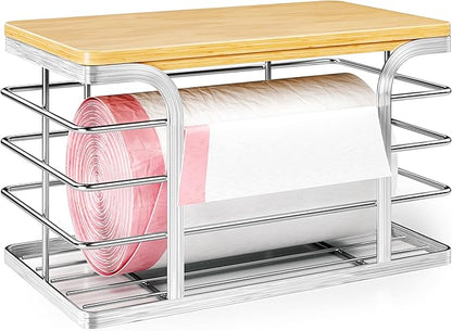 Trash Bag Holder with Bamboo Top, Wall Mount 304 Stainless Steel Garbage Bag