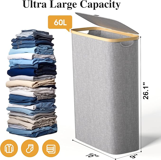 Slim Laundry Hamper, 60L Waterproof Narrow Laundry Basket