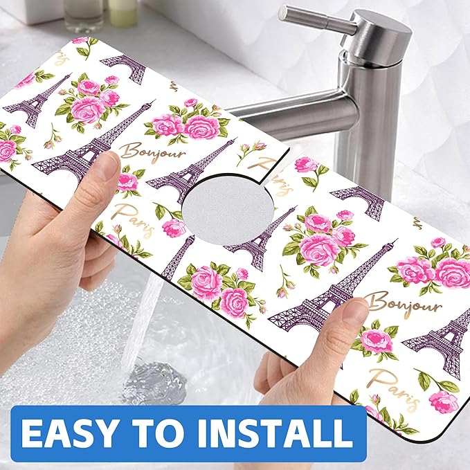 Romantic Eiffel Tower Roses Kitchen Sink Splash Guard Mat Absorbent Fast Drying