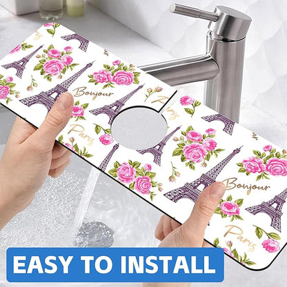 Romantic Eiffel Tower Roses Kitchen Sink Splash Guard Mat Absorbent Fast Drying