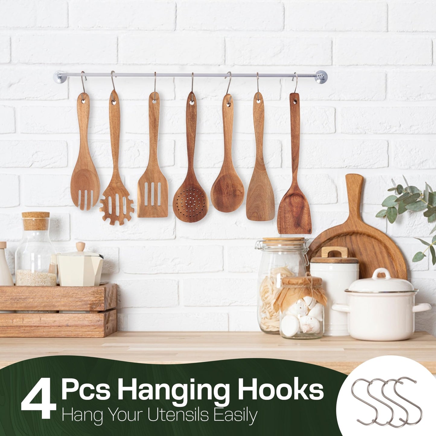 KITUTING Wooden Spoons for Cooking Set of 10 - Cooking Utensils with Spoon Rest & Holder – Comfortable Grip & Easy to Clean - Wooden Spoon Set for Kitchen with four Hanging Hooks