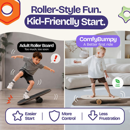 ComfyBumpy Balance Board for Kids with Cork Roller, 30" x 12" Wooden Balance Board, 4 Adjustable Levels, 400 lb Capacity, Progressive Balance Trainer for Kids, Parents & Family Play