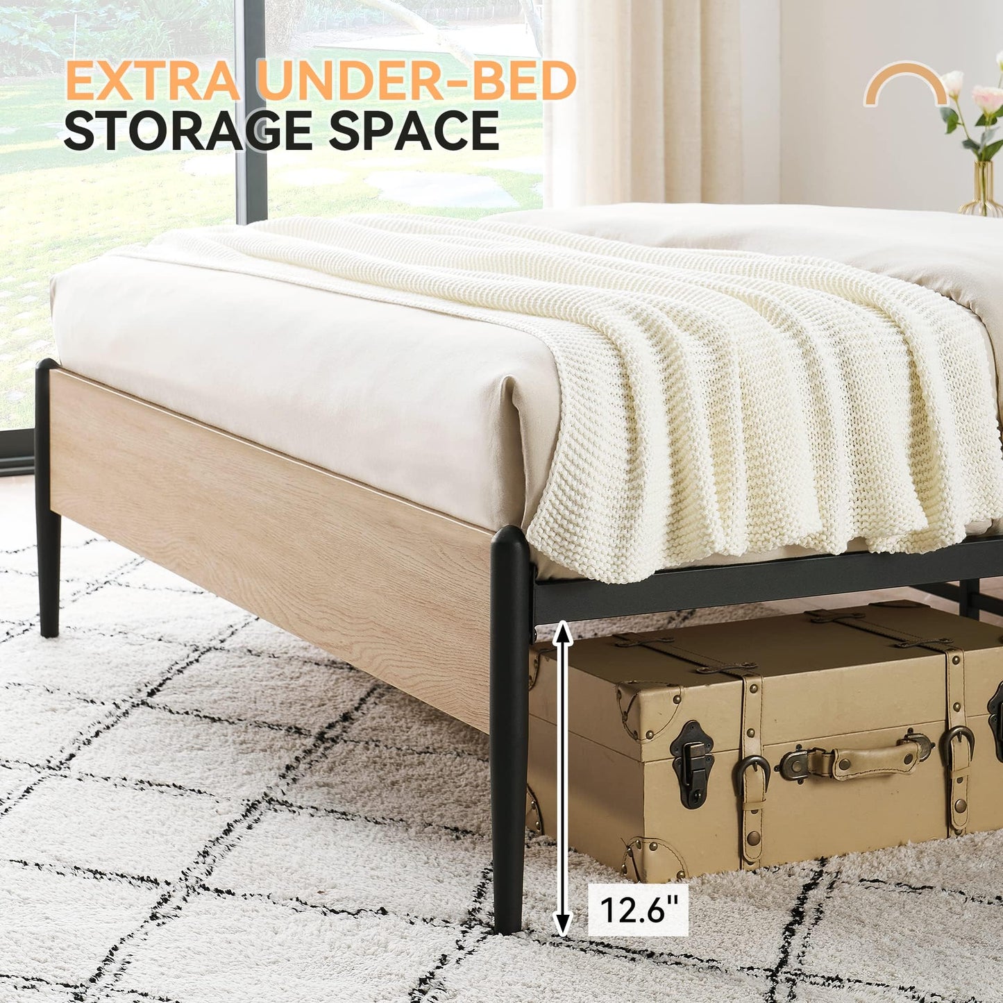 GAOMON Full Size Bed Frame with Natural Rattan Headboard and Wooden Footboard, Heavy Duty Metal Platform Bed Frame with Storage, Mattress Foundation Easy Assembly No Box Spring Needed, Rattan