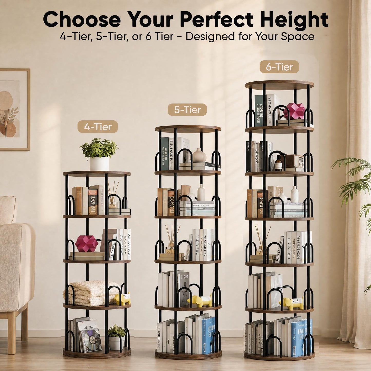 5 Tier Rotating Bookshelf, Corner Wooden, Metal Skinny Bookshelf for Toy Lego Dispaly Book Shelf Room Storage Organizer Furniture Black Tall Bookcase for Bedroom Living Room Office Kitchen Shelf