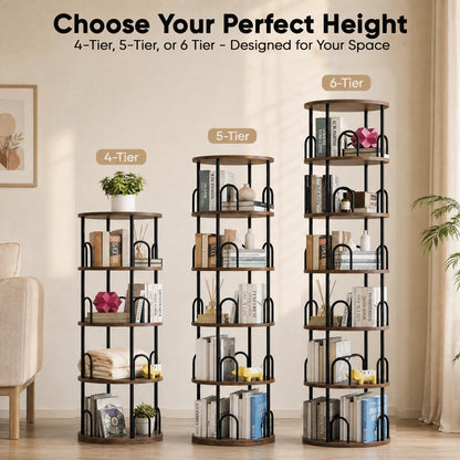 5 Tier Rotating Bookshelf, Corner Wooden, Metal Skinny Bookshelf for Toy Lego Dispaly Book Shelf Room Storage Organizer Furniture Black Tall Bookcase for Bedroom Living Room Office Kitchen Shelf
