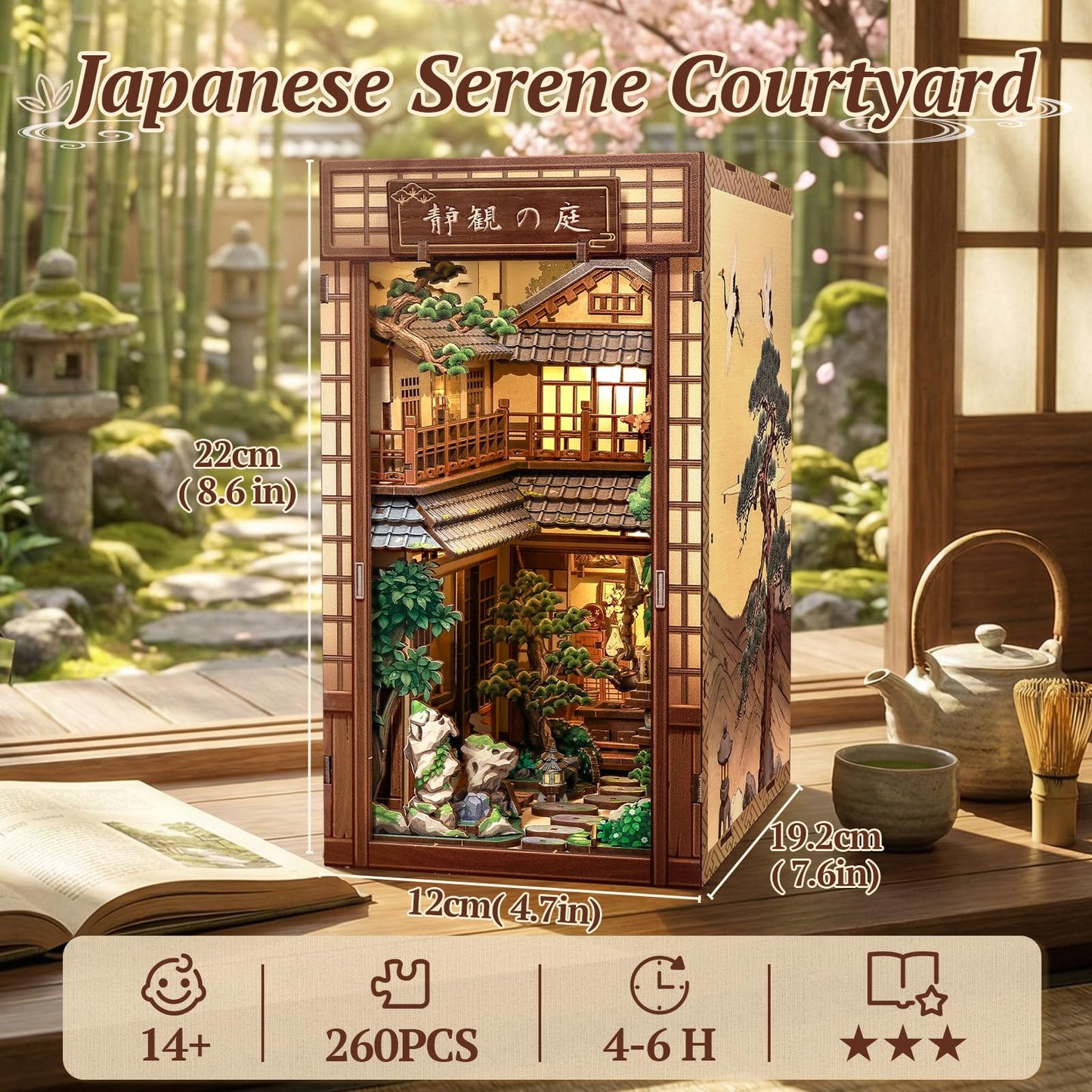 CUTEBEE Book Nook Kit – DIY Miniature House Kit for Adults, Serene Courtyard Japanese Zen Booknook, 3D Wooden Puzzle Bookshelf Insert, Dollhouse Bookend Decor Gift for Adults Teens(Serene Courtyard)