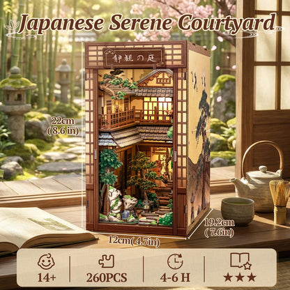 CUTEBEE Book Nook Kit – DIY Miniature House Kit for Adults, Serene Courtyard Japanese Zen Booknook, 3D Wooden Puzzle Bookshelf Insert, Dollhouse Bookend Decor Gift for Adults Teens(Serene Courtyard)