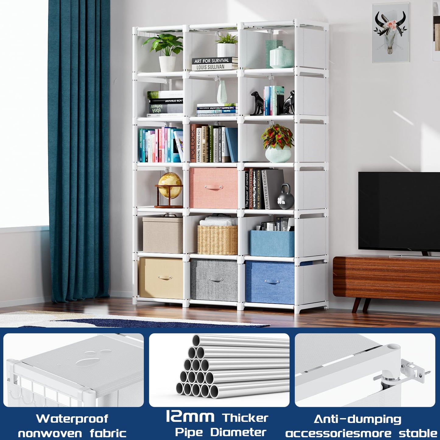 Mavivegue Book Shelf, 18 Cube Storage Organizer, DIY Bookcase, Metal Cube Bookshelf, Tall Book case for Bedroom, Living Room, Office, Closet Storage Organizer, Black Cubicle Storage Rack-White