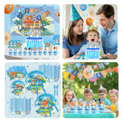 133PCS Blue Birthday Party Supplies - Serves 20 Guests，Blue Birthday Decorations, Blue Plates and Napkins, Tablecloth, Balloons, Banner, Cake Toppers, Fork & Paper Food Trays - Party Supplies