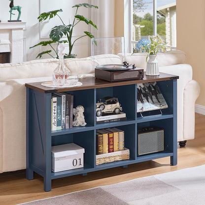 Joaxswe 6 Cube Bookcase, Farmhouse Wood Low Storage Organizer Book Shelf, 47" Horizontal Navy Blue Console Bookshelf with Legs, Hallway Book Case for Entryway, Display Cabinet for Living Room, Office