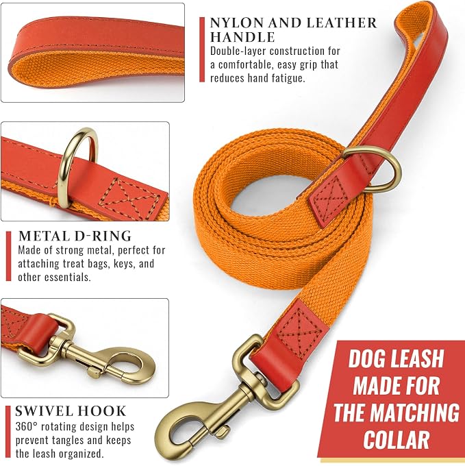 Dog Collar and Leash Set with Metal Quick Release Buckle, Adjustable, Breathable Nylon, Durable, Soft and Comfortable, No Pull for Walking and Training, Orange, XL (16.9"-26")