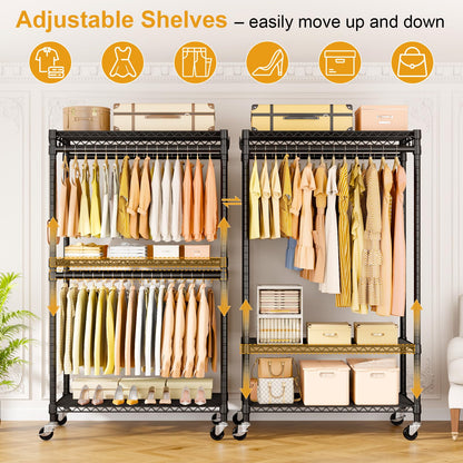 ULIFHOME P5 Rolling Clothes Rack Heavy Duty, Clothing Racks for Hanging Clothes, Metal Garment Rack with Wheels, 3-Tier Portable Closet Rack 39.4'' W × 20.5'' D × 80.5'' H, Max Load 650 Lbs, Black