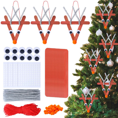 Soulchen 48 Sets Christmas Reindeer Ornaments Crafts Kits DIY Craft Sticks for Kids Make Your Own Reindeer Christmas Hanging Tree Wooden Ornaments Art for Holiday Activities Xmas Decoration