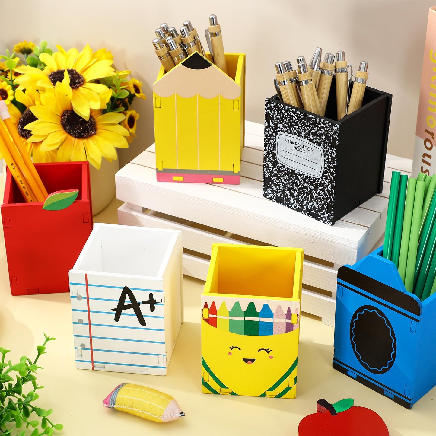 Whaline 6 Pcs Back to School Wooden Pen Holder Pencil Cups Pencil Crayon Composition Notebook Pen Storage Container Stationery Makeup Brush Organizer for Home Office Dorm Desktop Accessories