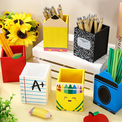 Whaline 6 Pcs Back to School Wooden Pen Holder Pencil Cups Pencil Crayon Composition Notebook Pen Storage Container Stationery Makeup Brush Organizer for Home Office Dorm Desktop Accessories