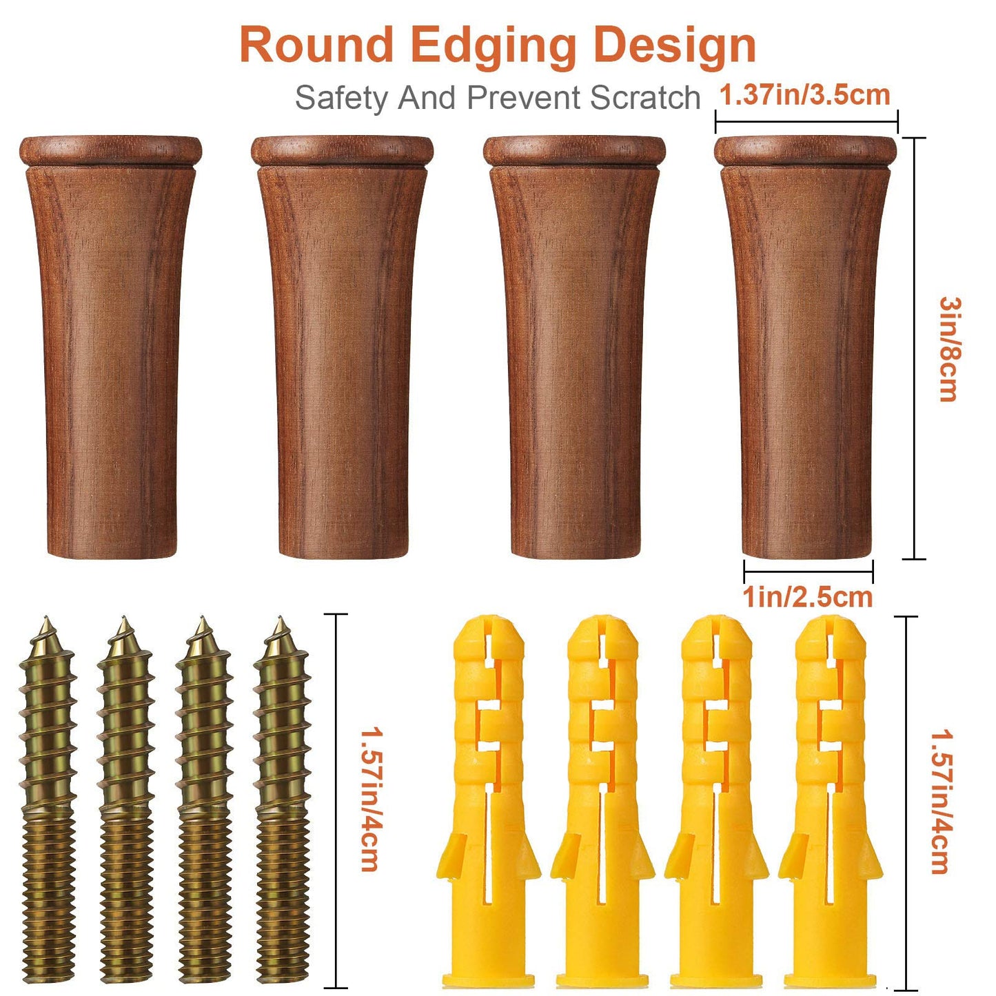 Jetec 4 Pack Wood Wall Hooks 3" Large Wooden Coat Hook Solid Walnut Hat Pegs Wall Mounted Heavy Duty Brown Towel Hangers Rustic Entryway Organizer Large Racks for Hanging Clothes Bag Potted Plants