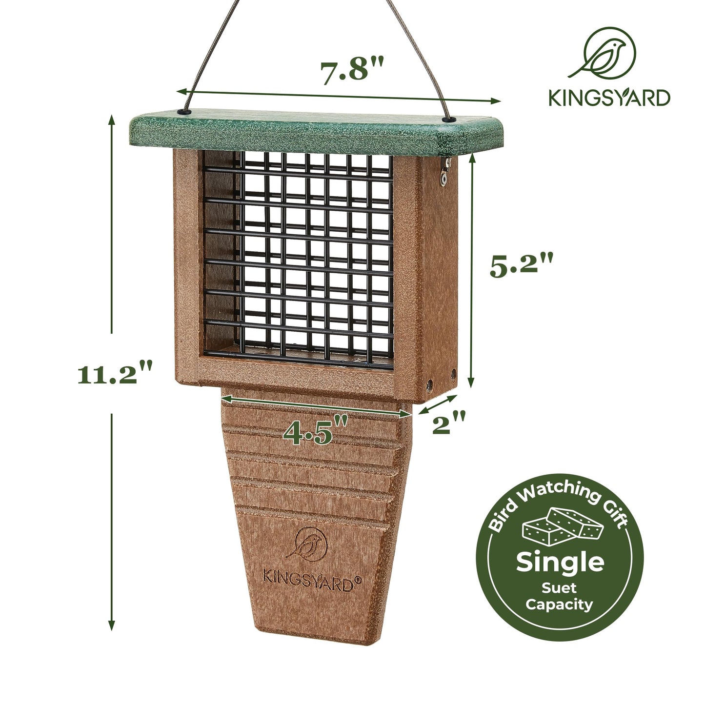 Kingsyard Recycled Plastic Suet Feeder, Tail Prop Suet Feeder for Outside Hanging, Sturdy & Durable, Great for Woodpecker & Clinging Birds, Green