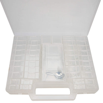 The Beadsmith Bead Organizer Carrying Case, 55 piece set, with removable compartments in assorted sizes, a carrying case, plus a bead scoop and tweezer.