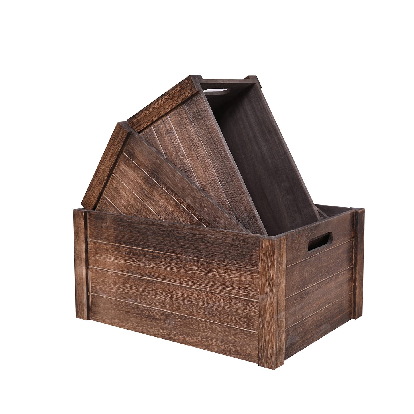 SENRYEE Farmhouse Antique Black Wooden Crate for storage,Rustic Decorative Boxes,Set Of 3 Nesting Wooden Storage Crates For display,Handmade Natural Solid Wood Box (Rustic Black)