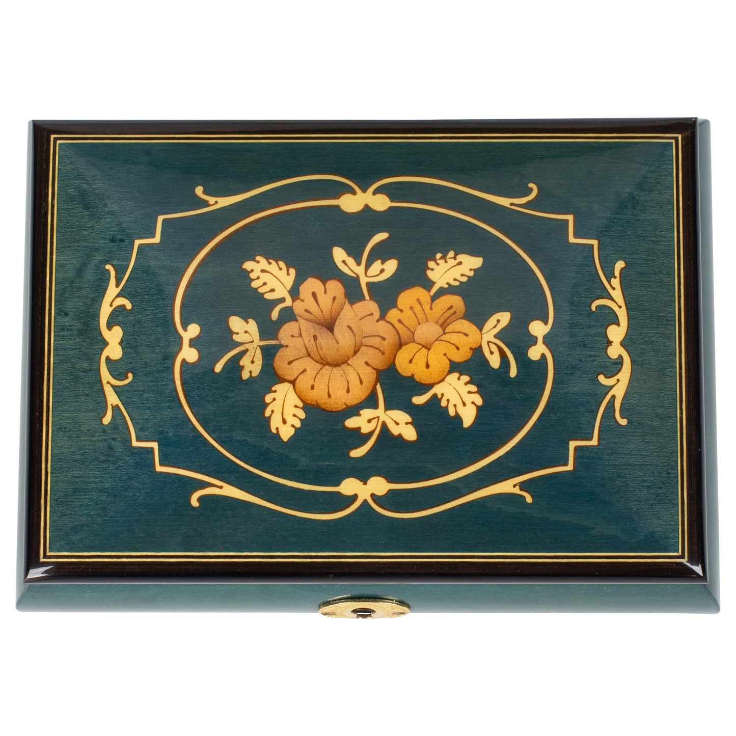 Flower Dark Blue Italian Hand Crafted Inlaid Wood Music Box Plays Swan Lake