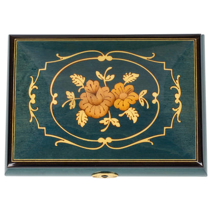 Flower Dark Blue Italian Hand Crafted Inlaid Wood Music Box Plays Swan Lake