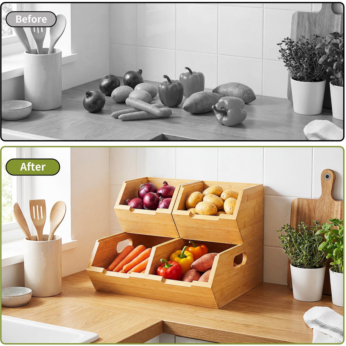 Bambition Bamboo Pantry Storage Bins, Stackable Potato and Onion Storage Bin for Kitchen Countertop, Wood Pantry Organizer Baskets for Fruit Vegetable Snack