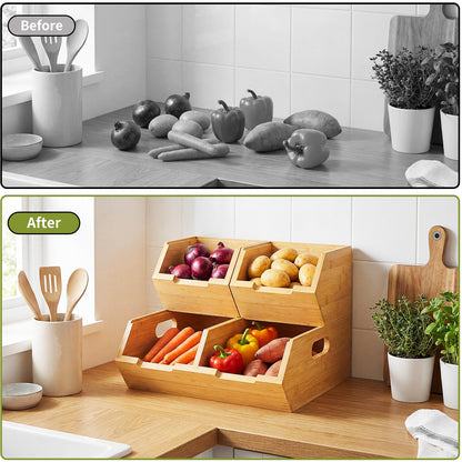 Bambition Bamboo Pantry Storage Bins, Stackable Potato and Onion Storage Bin for Kitchen Countertop, Wood Pantry Organizer Baskets for Fruit Vegetable Snack