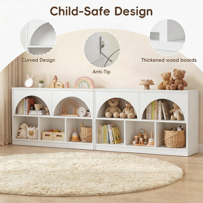 Fatmok 4 Pack Montessori Bookshelf, Modern Arched Wooden Toy Organizer, 5-Section Storage Shelf with Curved Edge, Decorative Furniture for Kids Room Play Area Nursery Kindergarten, White