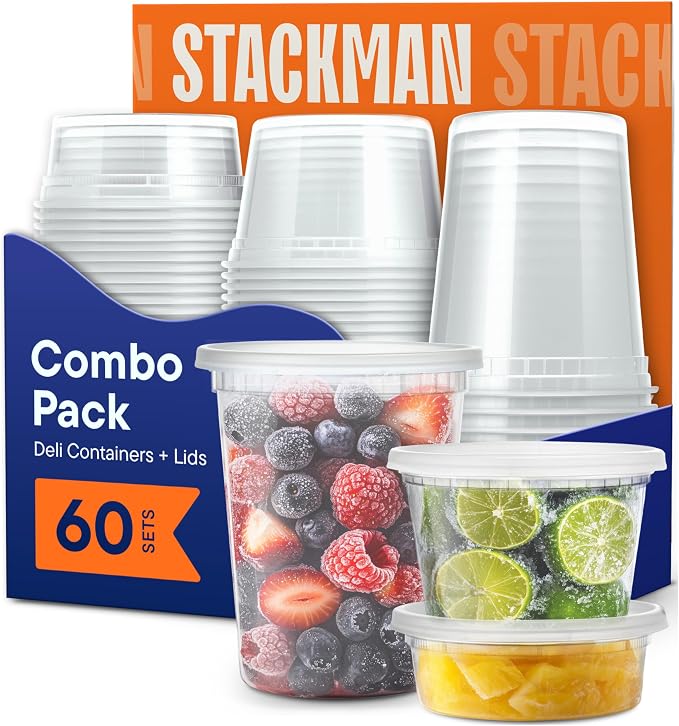 Stack Man [60-Sets] Plastic Deli Food Storage Containers with Airtight Lids Combo Set | 32 oz | 16 oz | 8 oz. | Disposable Plastic Takeout Containers for Soup - Freezer, Microwave and Dishwasher Safe