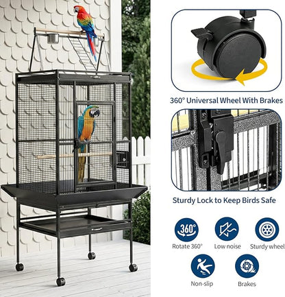 69" H Extra Large Bird Cage with Play Top & Rolling Stand, Wide Metal Parrot Cage for Macaws, Parakeets, Cockatoos, Conures, Lovebirds, Includes Bowls