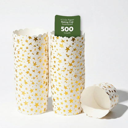 Restaurantware Panificio 4.5 Ounce Baking Cups 50 Disposable Paper Baking Cups - Greaseproof Oven-Ready White Paper Muffin Liners Microwavable Gold Star Print