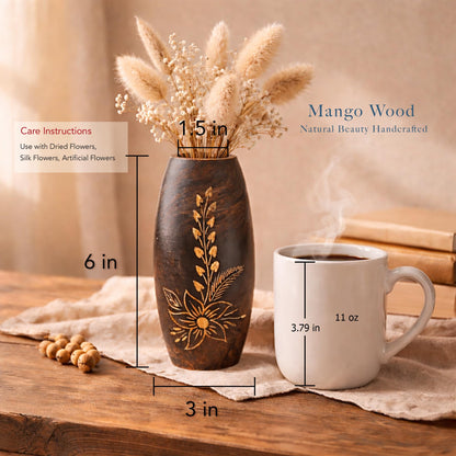 AeraVida Hand-Carved Mango Tree Wood Flower Vase Dark Brown Oval Tabletop Decorative Vase 6 Inch Small Rustic Home Decor for Living Room Dried Floral Display