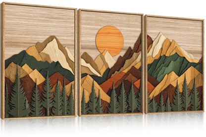 Celestdeco Large Woodcut Style Mountain Framed Canvas Wall Art Set, Woodsy Rustic Ridge Wall Decor, Boho Pine Tree Forest Wall Painting, Abstract Sunrise Wooden Art Print for Living Room, Bedroom, Office - 16"X24"X3 (Not-3D Effect)