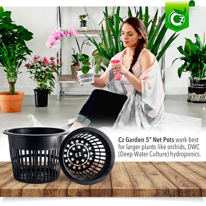 5 inch Net Pots Heavy Duty Round Cups Wide Rim Design - Orchids • Aquaponics • Aquaculture • Hydroponics Slotted Mesh (Cz All Star 10 Black Pots)