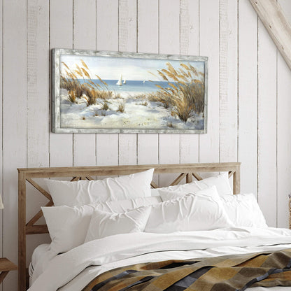 Beach Framed Wooden Wall Art: Coastal Oil Painting Style 40"x20" Ocean Pictures Seascape Art Prints Sand Dunes & Sailboat Artwork for Office