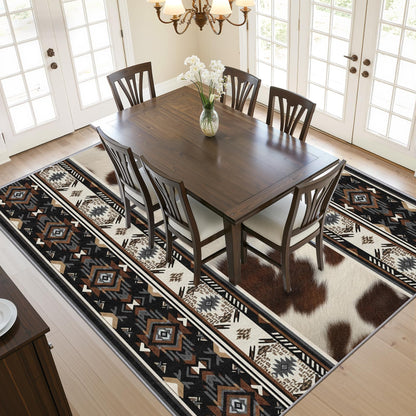 SherAvant Western Rug - 4x6 Rug, Cowhide Aztec Cabin Rustic Area Rugs, Native American Low Pile Stain Resistant Floor Carpets House Decor (Grey/Brown/Black)
