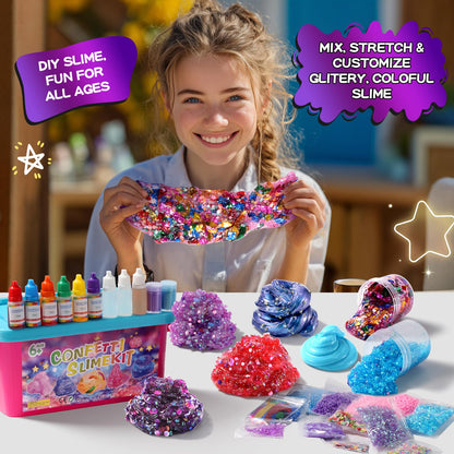 pokujyrt Confetti Slime Kit, Sparkling Slime Making Kit, DIY Craft Set with Clear Glue, Colors, and Decorations, Ages 6+