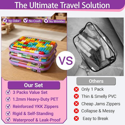 YQBRAO 3-Pack Large Clear Hard Shell Zipper Case, 1.2mm Ultra-Thick Rigid Toy & Closet Organizer, Heavy-Duty Diaper Bag Pouch Set with YKK Zippers, Waterproof Travel Storage (Purple)