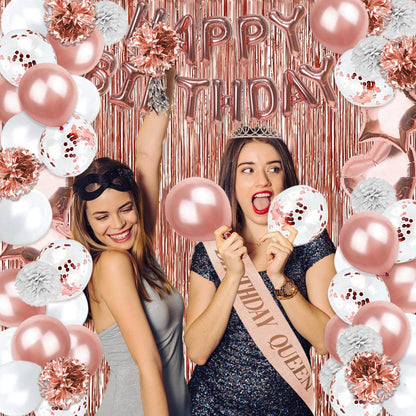 Guudmua 285 Pcs Rose Gold Party Decorations, Birthday Decorations For Women Or Girl - Knives, Forks and Spoons, Tiara, Butterfly, Sash, Paper Pom Poms, Balloon Stand, Tableware For 25 Guests