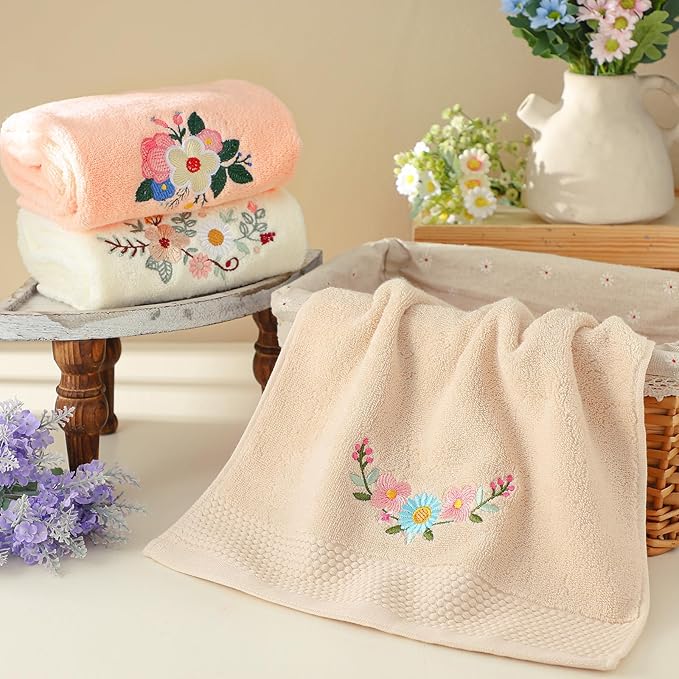 3 Pcs Boho Flowers Hand Towels Embroidered Modern Flowers Bathroom Decor 14x29