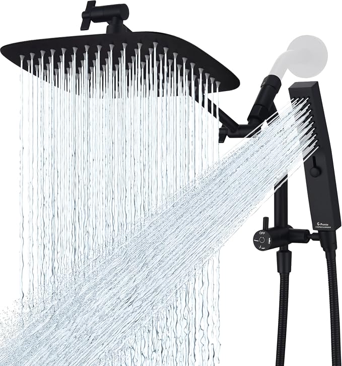 G-Promise All Metal 10 Inch Rain Shower Head with Massage Mode Handheld Spray Combo, 3-Way Diverter with Pause Setting, Full Body Coverage, Modern Bathroom Upgrade (Matte Black)