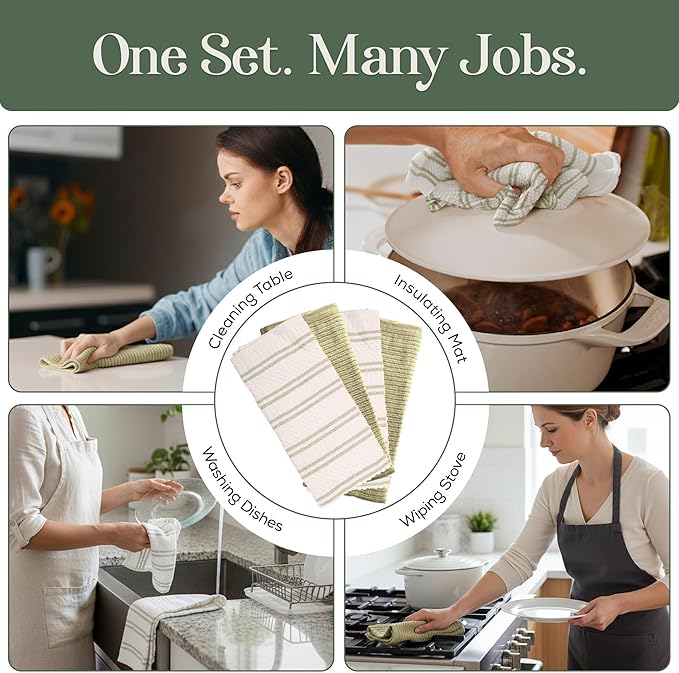 MosJos Kitchen Towels, Cotton Hand Towels, Sage Green and Cream Ribbed