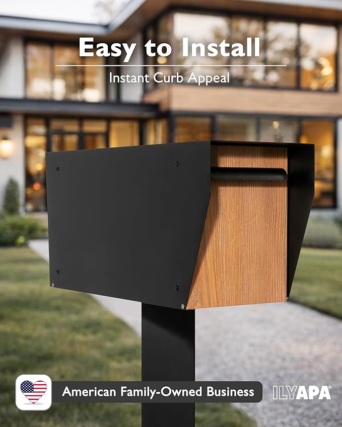 Ilyapa Black Modern Mailbox Post Mount Mailboxes for Outside- Powder Coated Steel Metal Mail Box with Rear Door, Outdoor All Weather & Corrosion Resistant, Stainless Steel Hinges & Magnetic Door