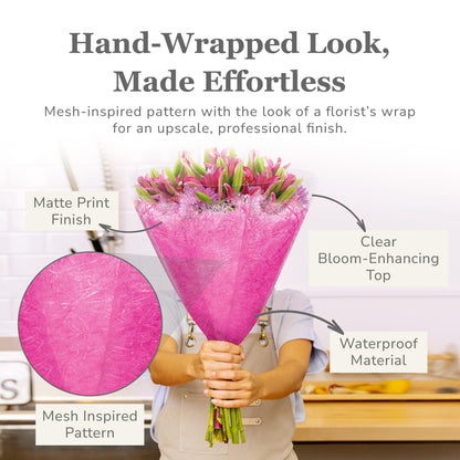 the florist Supply Aria Sleeves 20 Pack 17.3 x 13.66 x 3.5 Inch Waterproof Flower Bouquet Wrapping Sleeves, Flower Bouquet Bags, Plastic Floral Sleeves, Gift-Ready for Wedding, Birthday, Pink