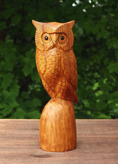 G6 Collection 10" Wooden Handmade Owl Figurine Handcrafted Statue Art Home Decor Sculpture Hand Carved Decorative Rustic Accent Decoration Hoot Owl Standing on a Tree Branch