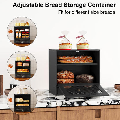 Alpeir Wooden Bread Box for Kitchen Countertop, Large Capacity with Ventilation Holes Adjustable Tiered-Shelf, Vintage Farmhouse Breadbox with Drawer & Window, Longer Freshness, Black