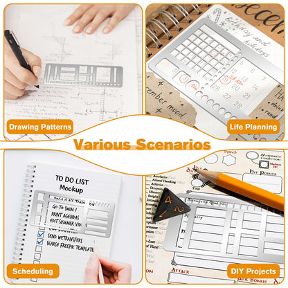 3 Pcs Record Template Metal Planner Stencils for Journaling 5.2X2.3 Inch Flexible Journal Template Stainless Steel Calendar Stencil for Weekly Spread Checklist Drawing DIY Crafts Supplies